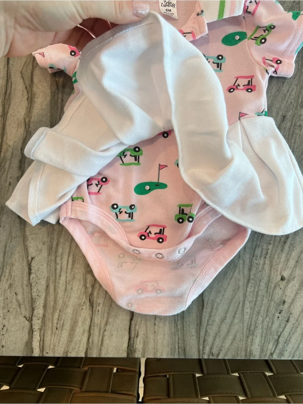 Baby Polo Skirted Onesie with Golf Cart Print - Pink & White